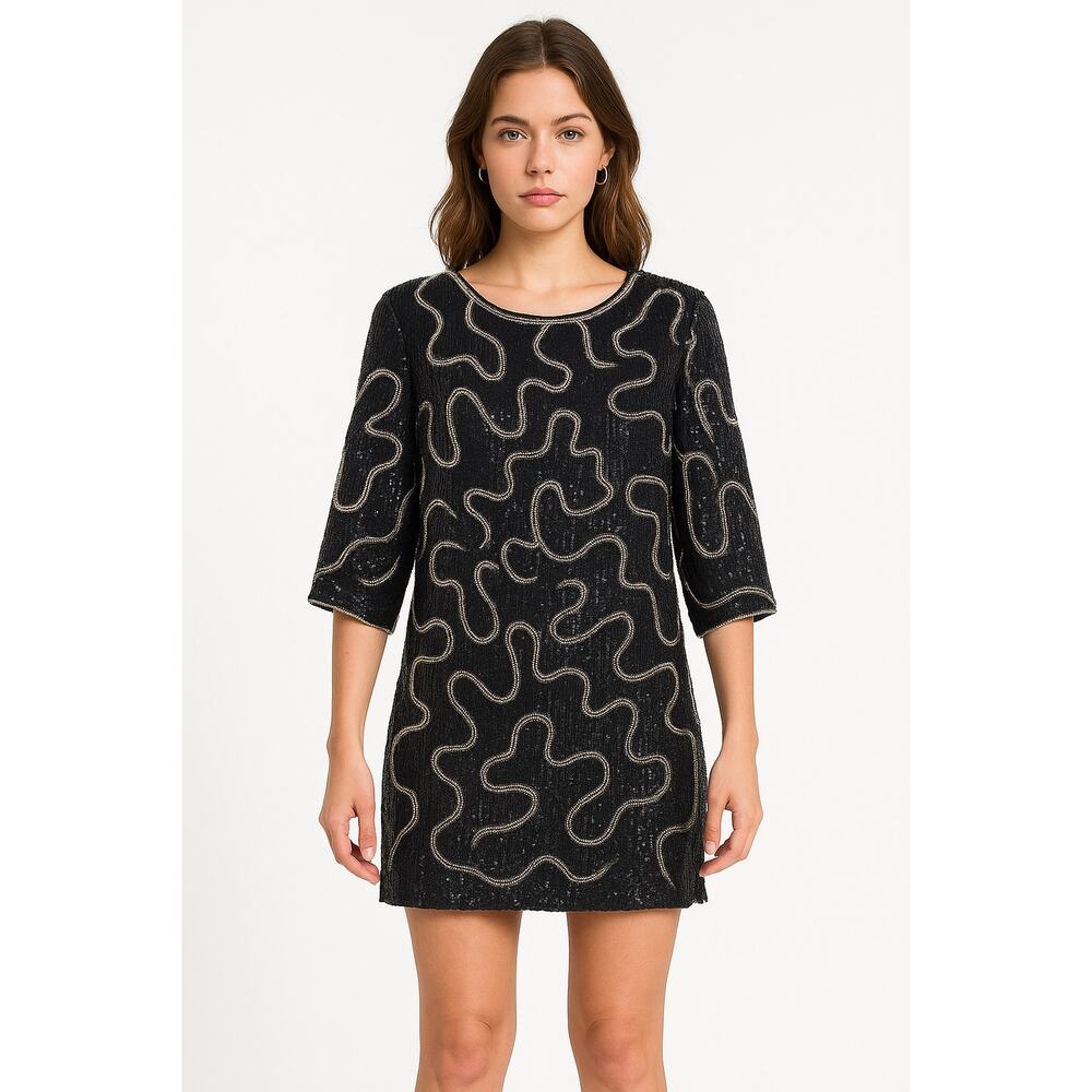 Vintage Michelle Yim for Zimble Silk Beaded Mini Dress Black Pearl 80s Glam M